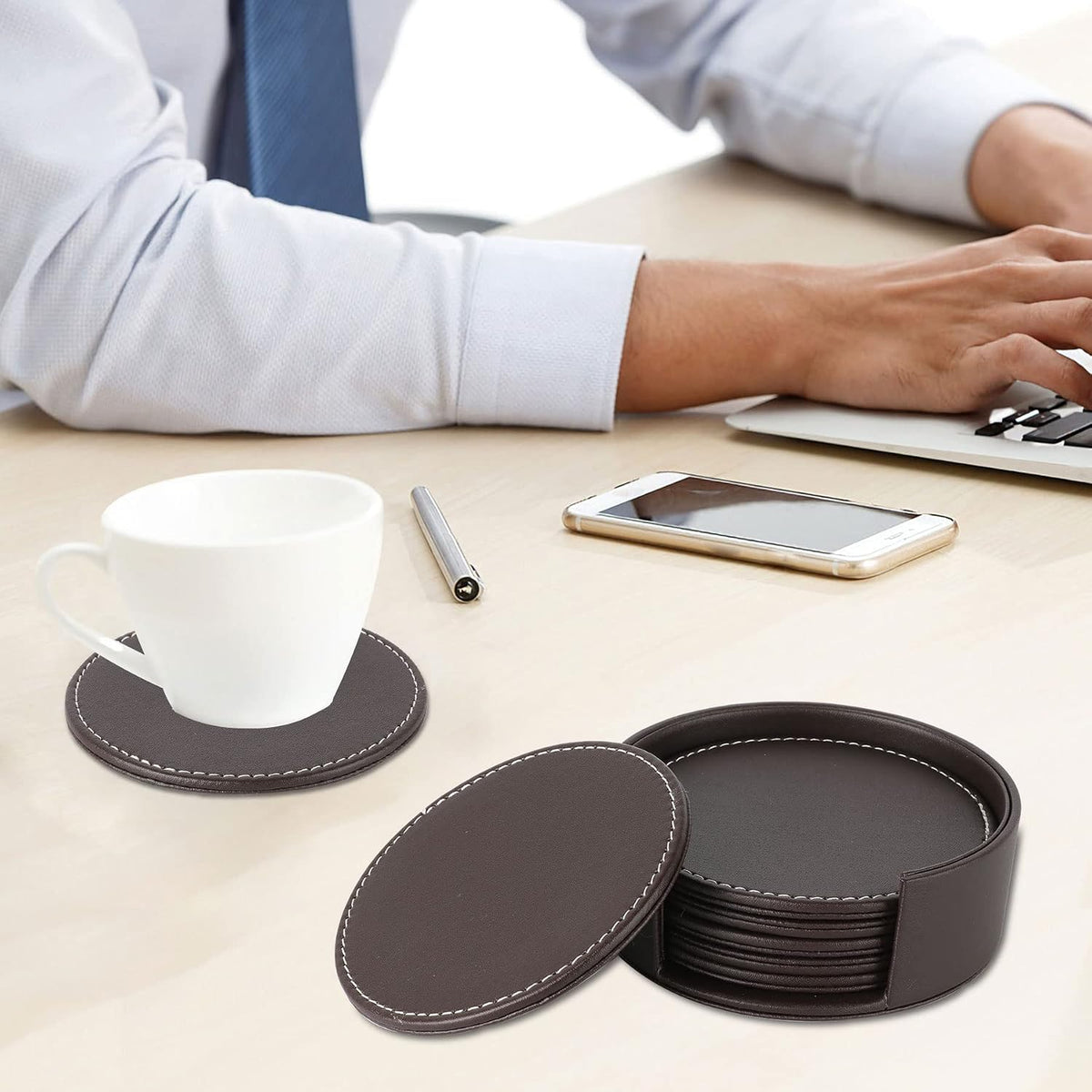 Set of 6 Round Leather Coasters for Drinks with Holder, 4" (Brown)