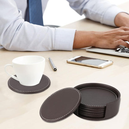 Set of 6 Round Leather Coasters for Drinks with Holder, 4" (Brown)