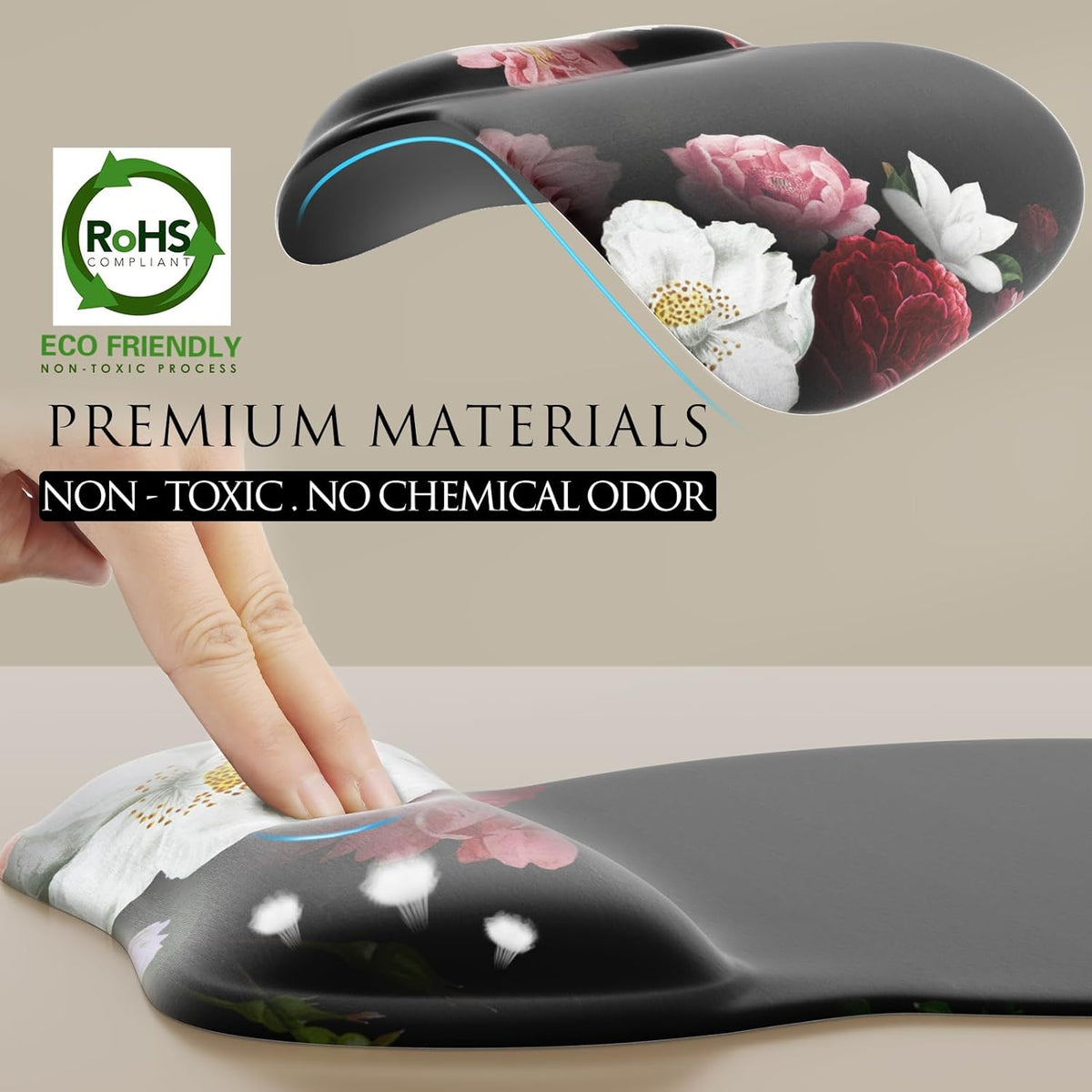 MROCO Ergonomic Mouse Pad with Gel Wrist Rest, 9.4 x 8.1 in, Black Flower
