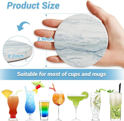 Acejoz Drink Coasters with Holder for Coffee Table, Absorbent Coasters Set of 6, Marble Style Ceramic Coaster for Wooden Table, Suitable for Kinds of Cups, Home Decor, 4 Inches(Blue)