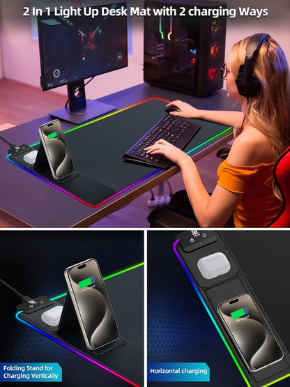 XXL Mouse Pad with Phone Holder - Black, RGB Desk Mat with 15W Fast Charging, LED Gaming Mousepad with 11 Light Colors, Waterproof Non-Slip Pad for Office & Home (Black with PD Adapter)