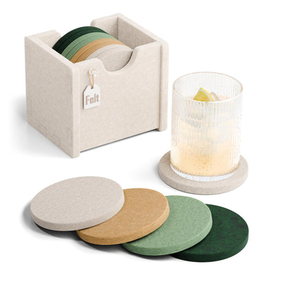 Fluxynara Felt Coasters with Holder, Set of 8 for Drinks, Sage