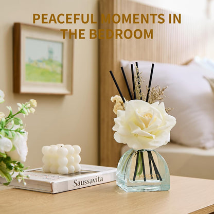 Reed Diffusers Set Flower Scented Diffuser for 140 Days, Flower Diffuser 8.5 fl oz with Dried Flowers and Decorative Rose, Long Lasting Home Fragrance with 10 Sticks for Bathroom, Shelf, Office Decor