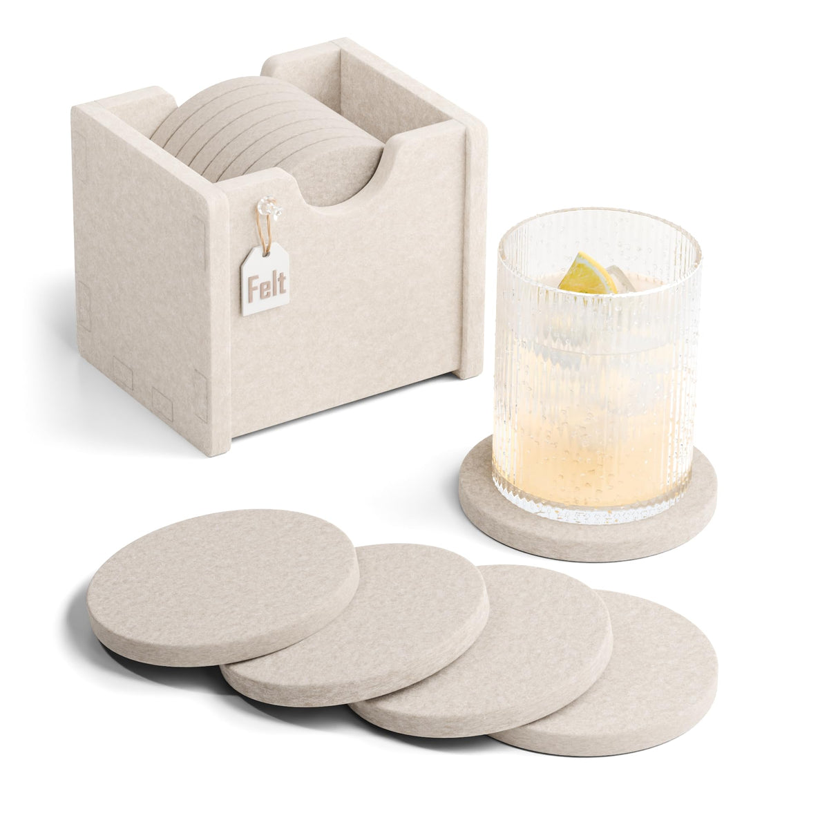 Fluxynara Felt Coasters with Holder, Set of 8 for Drinks, Sage