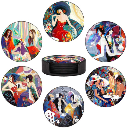 Coasters Set of 6 - Van Gogh Style PU Leather Coasters for Drinks with Holder - Handmade Round Drink Coasters Set for Home Decor and Housewarming Gift