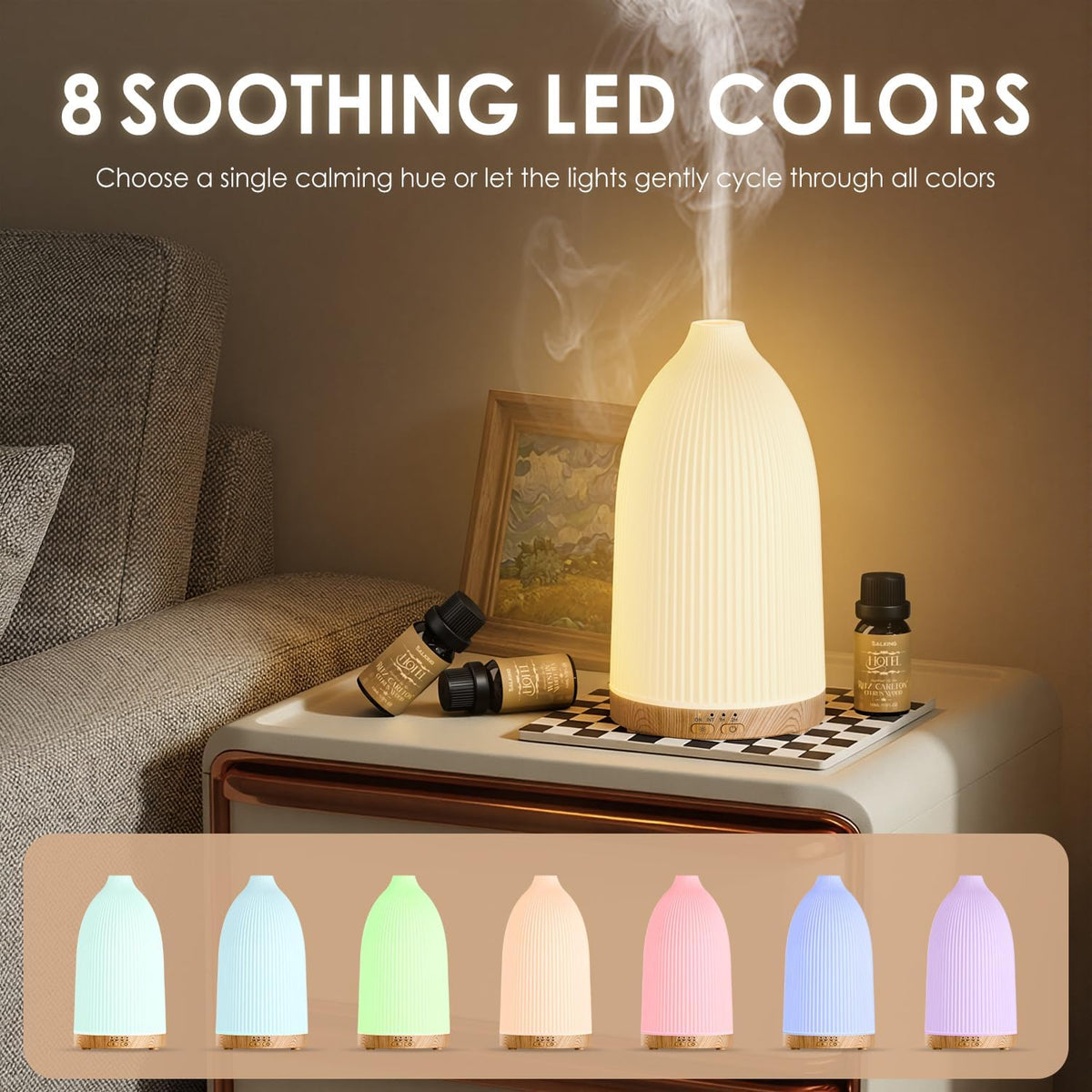 SALKING Essential Oil Diffuser, 100ml Aromatherapy Diffusers with Adjustable Mist Mode Timer Setting, Ultrasonic Diffusers for Essential Oils, Warm White Lights, 7 LED Colors, for Office Home