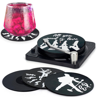 Retro Vinyl Record Coasters with Player, Set of 6 Music Coasters for Drinks