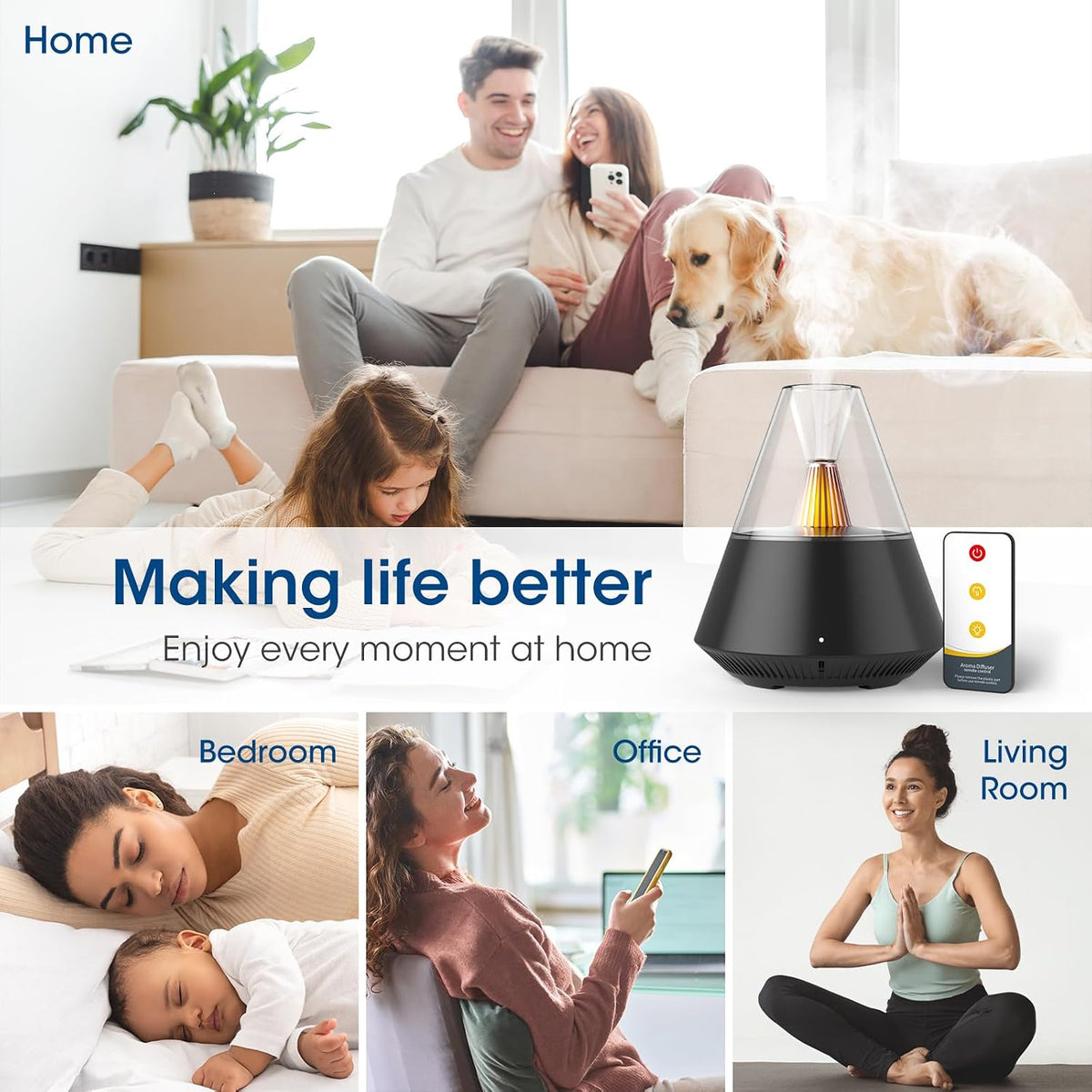 Ultrasonic Essential Oil Diffuser, 150ML Modern Aromatherapy Diffuser with Candle Light, 2 Mist Mode, Remote Control, Auto-Off, Small Cool Mist Humidifier for Home Bedroom Office Yoga, Black