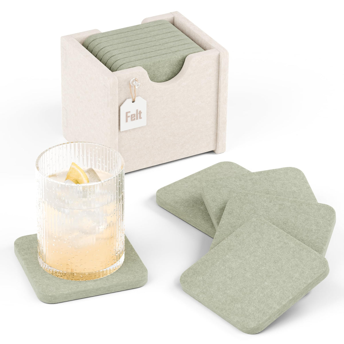 Fluxynara Felt Coasters with Holder, Set of 8 for Drinks, Sage