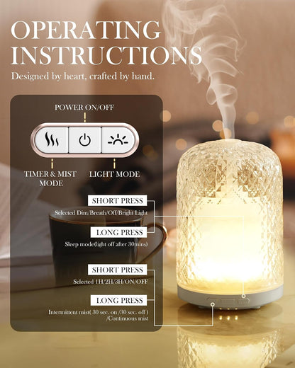 Essential Oil Diffuser - 2.4 MHz Ultrasonic Glass Diffuser with Pulse/Continuous Mist & 3 Night Light Modes, Waterless Auto-Off, Silent Aromatherapy Diffuser for Home, Office, Gifting & Home Decor