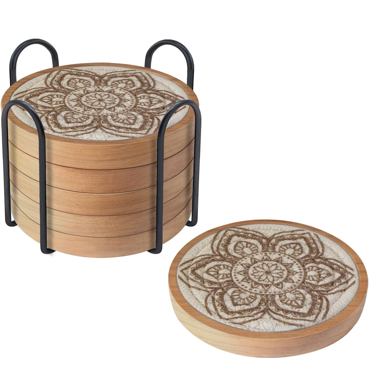 Eykao 5 Pack Coasters for Drinks Absorbent, 4.3 inches Woven Coasters for Coffee Tables, Wooden Drink Coasters for Table Protection, Reusable Drink Coasters for Kitchen, Farmhouse, Bar, Office, Brown