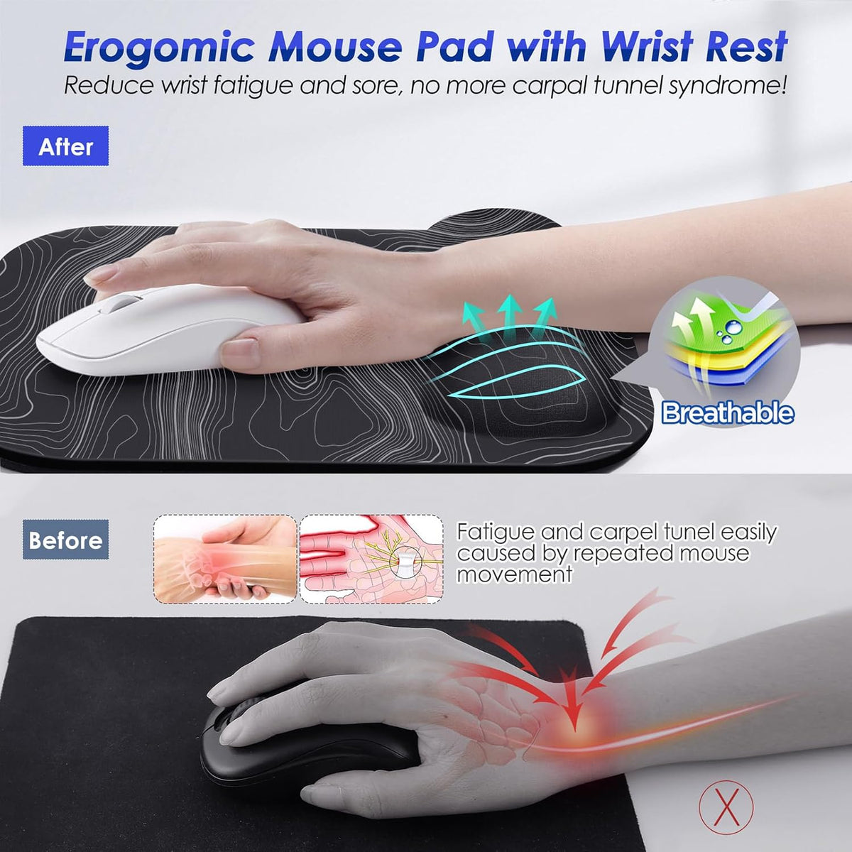 Gimars Large Smooth Superfine Fibre Memory Foam Ergonomic Mouse Pad Wrist Rest Support Mousepad with Nonslip Base for Laptop, Computer, Gaming & Office,Free Coaster Include-Topographic Map