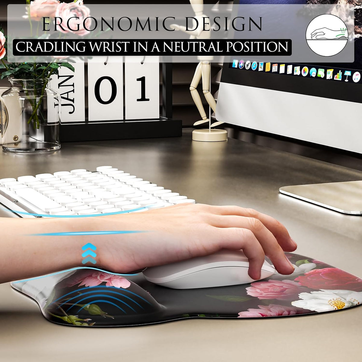 MROCO Ergonomic Mouse Pad with Gel Wrist Rest, 9.4 x 8.1 in, Black Flower