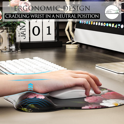 MROCO Ergonomic Mouse Pad with Gel Wrist Rest, 9.4 x 8.1 in, Black Flower