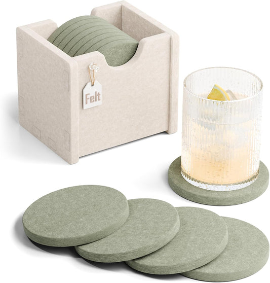 Fluxynara Felt Coasters with Holder, Set of 8 for Drinks, Sage