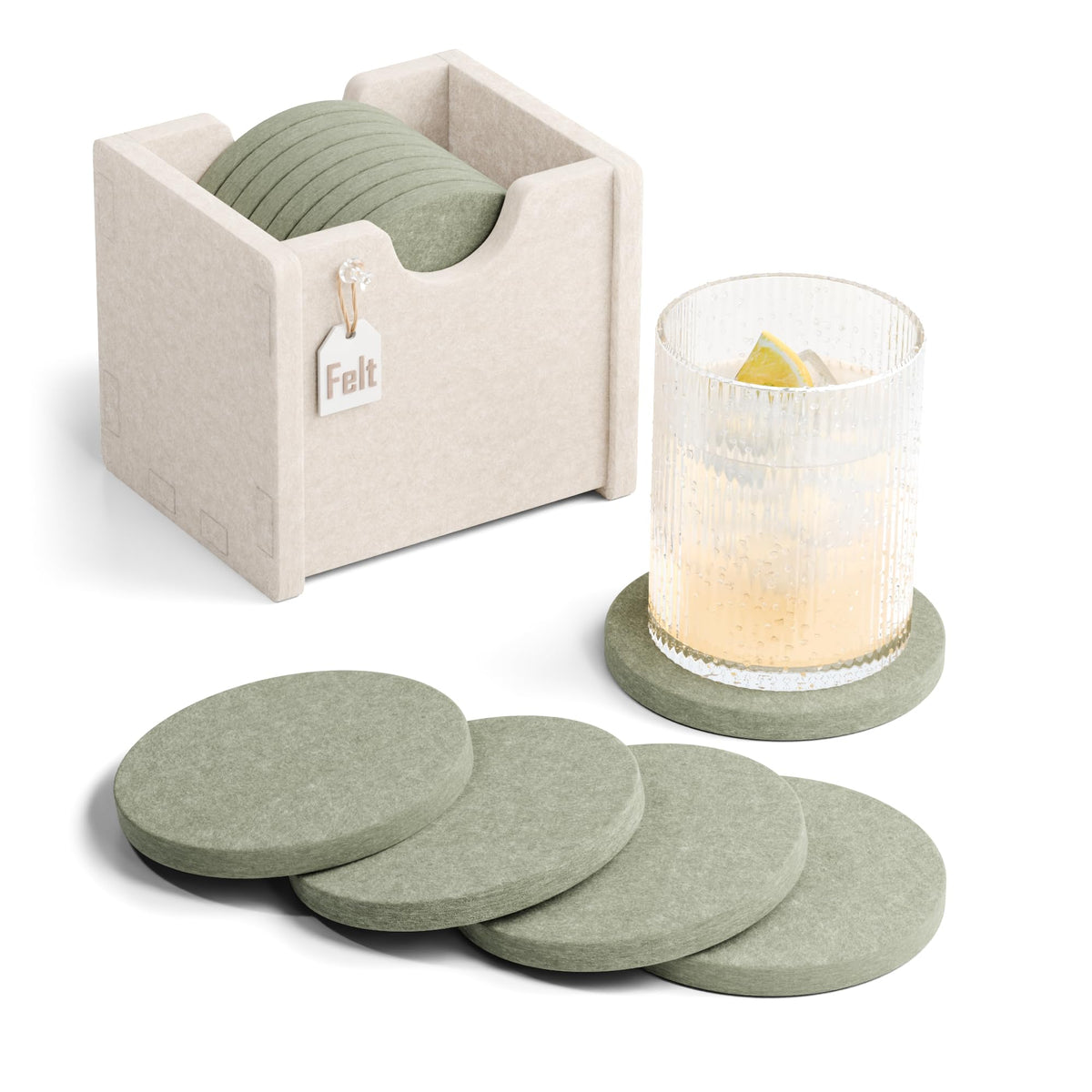 Fluxynara Felt Coasters with Holder, Set of 8 for Drinks, Sage