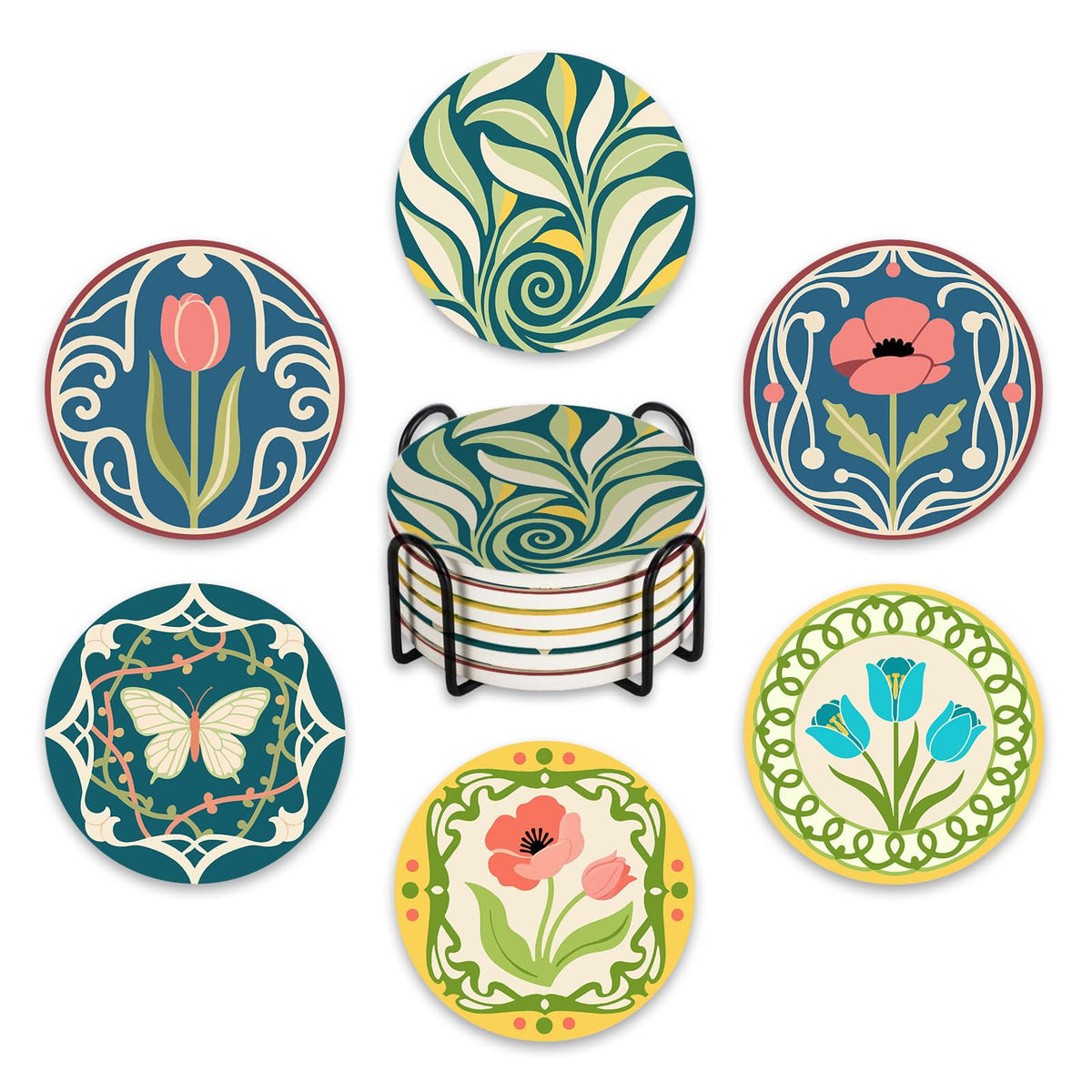 Terrazzo Ceramic Coasters with Holder Set of 6