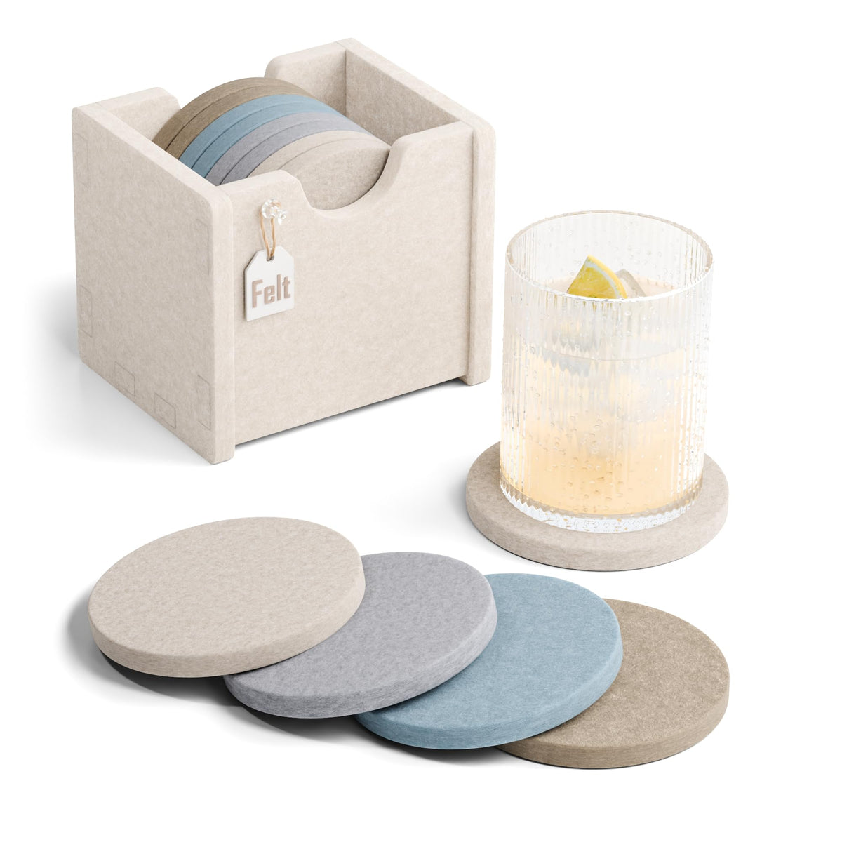 Fluxynara Felt Coasters with Holder, Set of 8 for Drinks, Sage