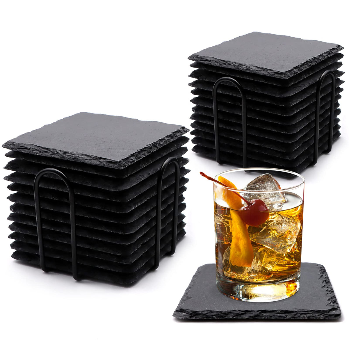 4 PCS Round Slate Drink Coasters Set, SIJDIEE 4 Inch Laser Engraving Black Slate Stone Coasters with Anti-Scratch Bottom and Coaster Holder for Office Bar Kitchen Home Dinner Table Decor Supplies