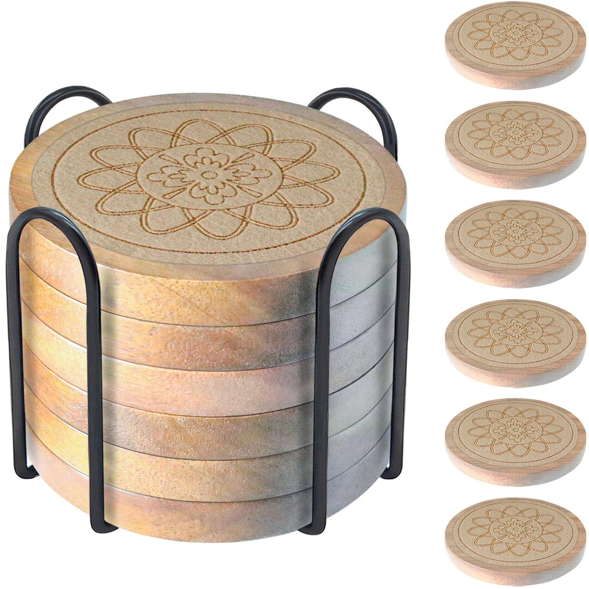 Wood Coasters for Drinks, Minacun Absorbent Coaster Sets of 5, Drinks Coasters for Coffee Tabletop Protection, Non-Slip, Non-Stick, Suitable for Kinds of Cups Wooden Table Drink, 4.3 Inches Black