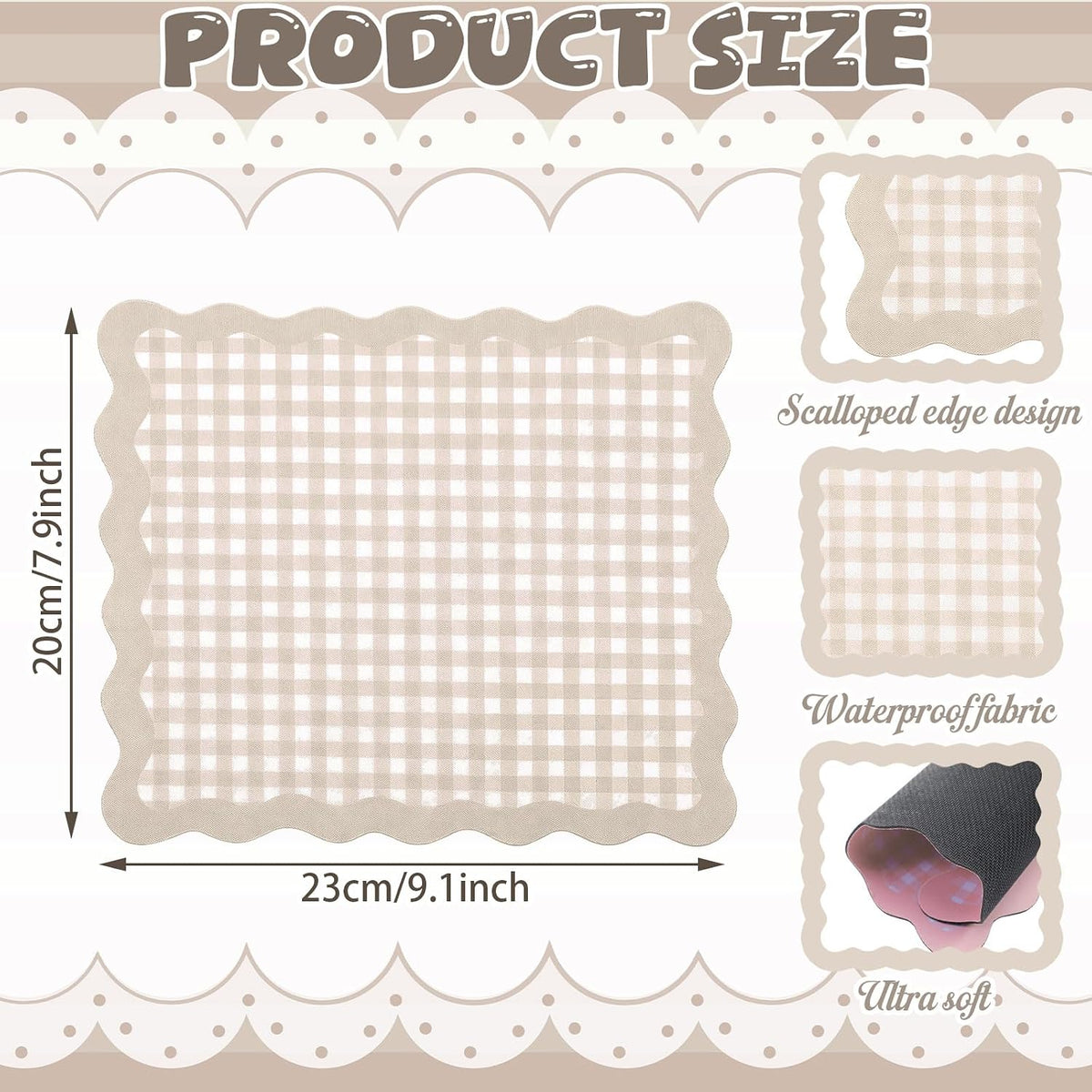 Sabary Brown Scalloped Gingham Mouse Pad 9x7.9 Inch