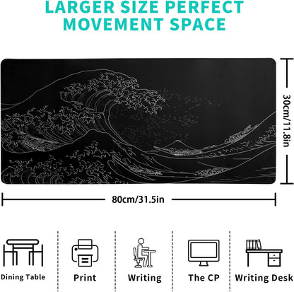Brecoy Japanese Sea Wave Large Mouse Pad, Anime Black Gaming, Extended Kanagawa Mat Desk Pad, 3mm Thick Long Non-Slip Rubber Base Mice Pad, 31.5 X 11.8 Inch