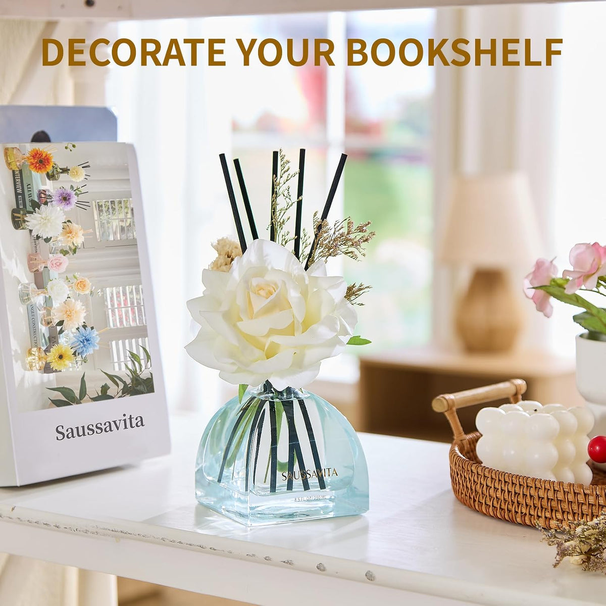 Reed Diffusers Set Flower Scented Diffuser for 140 Days, Flower Diffuser 8.5 fl oz with Dried Flowers and Decorative Rose, Long Lasting Home Fragrance with 10 Sticks for Bathroom, Shelf, Office Decor