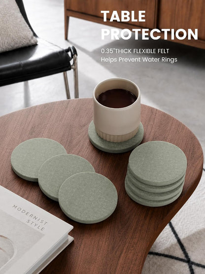 Fluxynara Felt Coasters with Holder, Set of 8 for Drinks, Sage
