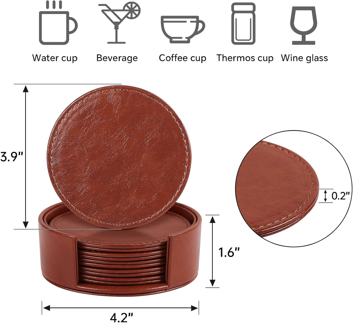Leather Coasters Set of 6 with Holder, Tabletop Protection, Coffee Table & Bar Decoration, Modern-Style Drink Coasters Suitable for Home Dining Tables & Kitchen Accessories (Brown)