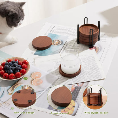 Set of 6 Wooden Coasters with Holder-Coffee Table Coasters for Drink