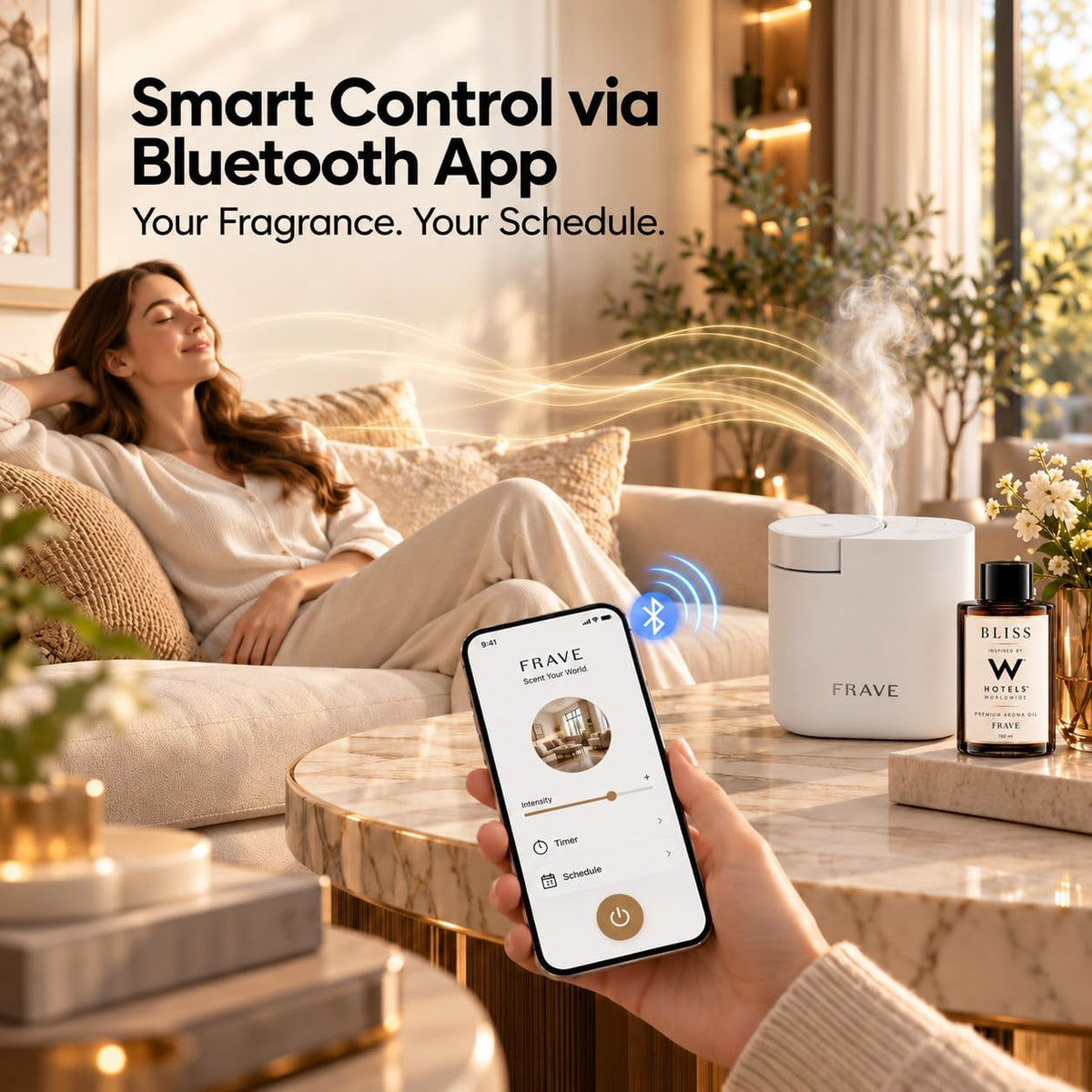 Air Lux Diffuser with Aroma Oil, Plug-in Waterless Essential Oil Diffuser, Smart Bluetooth App Control, Covers Up to 500 sq ft, 60ml Capacity, Cold Air Scent Technology, White