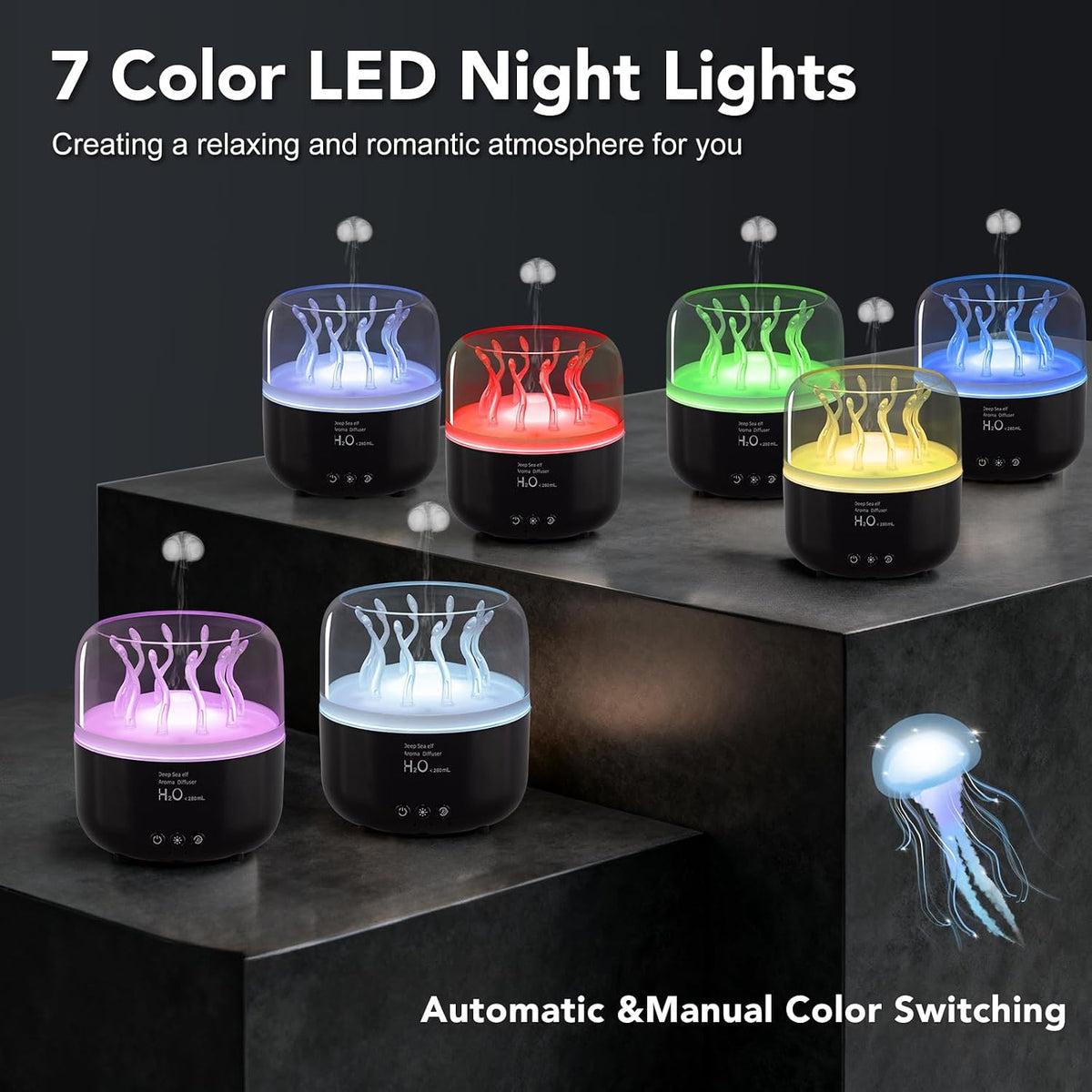 Jellyfish Humidifier Diffuser, 280ml Essential Oil Diffuser with Remote, 7 Color Lights, Quiet Ultrasonic Cool Mist Humidifier for Home, Office, Nursery, Auto-Off (Black)