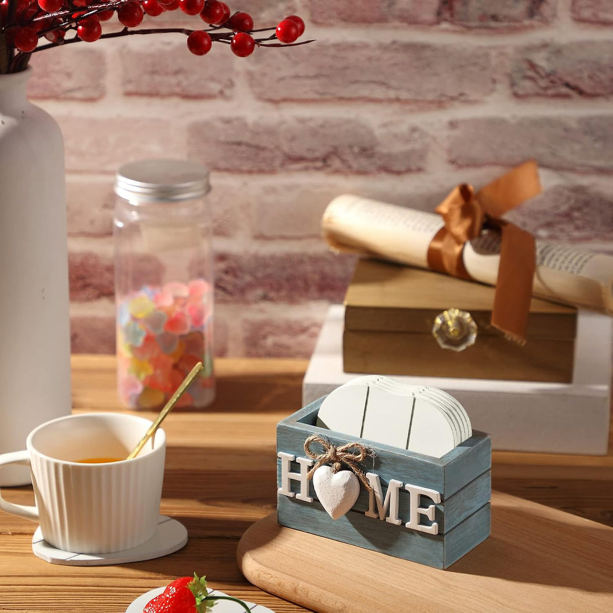 Patelai 6 Pcs Wooden Heart Coasters Set with Holder, Home, Blue