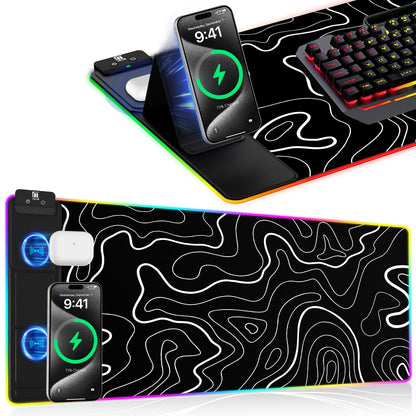 XXL Mouse Pad with Phone Holder - Black, RGB Desk Mat with 15W Fast Charging, LED Gaming Mousepad with 11 Light Colors, Waterproof Non-Slip Pad for Office & Home (Black with PD Adapter)