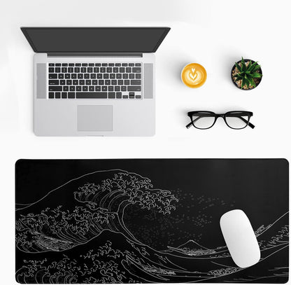 Brecoy Japanese Sea Wave Large Mouse Pad, Anime Black Gaming, Extended Kanagawa Mat Desk Pad, 3mm Thick Long Non-Slip Rubber Base Mice Pad, 31.5 X 11.8 Inch