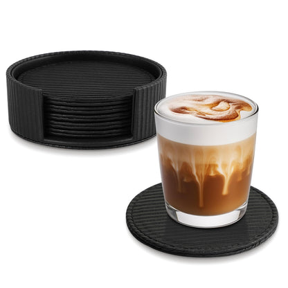 Leather Coasters Set of 6 with Holder, Tabletop Protection, Coffee Table & Bar Decoration, Modern-Style Drink Coasters Suitable for Home Dining Tables & Kitchen Accessories (Brown)