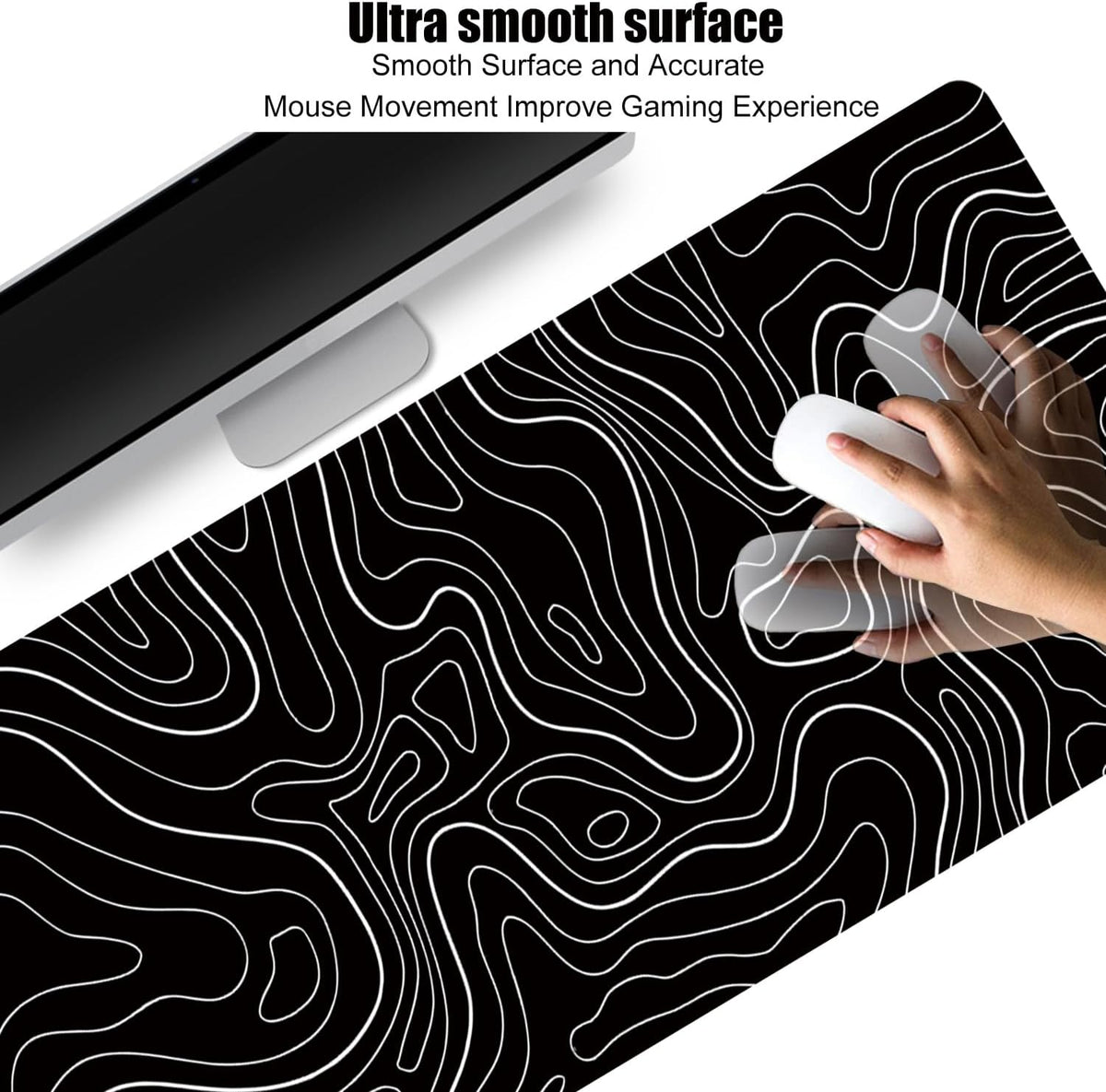 HGWALP Black Topographic Large Gaming Mouse Pad Extended XXL(900 * 400 * 3MM) Mouse Mat Long Desk Pad with Stitched Edges for Keyboard Home Office Gaming Work Big Desk Mat