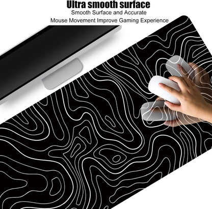 HGWALP Black Topographic Large Gaming Mouse Pad Extended XXL(900 * 400 * 3MM) Mouse Mat Long Desk Pad with Stitched Edges for Keyboard Home Office Gaming Work Big Desk Mat