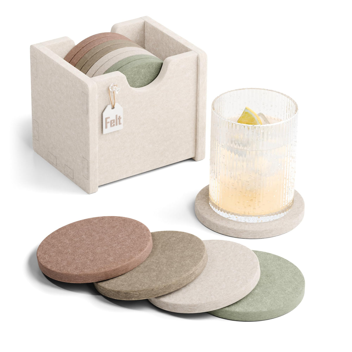 Fluxynara Felt Coasters with Holder, Set of 8 for Drinks, Sage