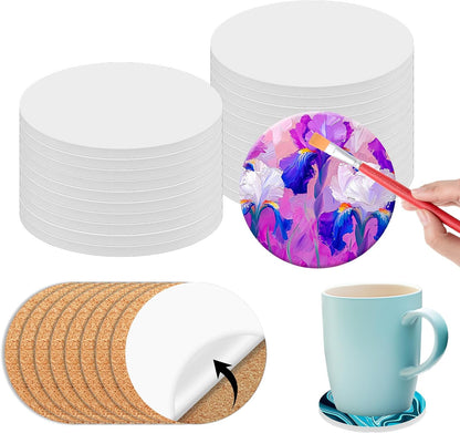 24 Pcs Round Ceramic Tiles for Crafts 4x4 inches，Equipped with self Adhesive Cork mat, unglazed Ceramic Coasters for Crafts,Use with Alcohol Ink or Acrylic Pouring Make Your Own DIY Coasters