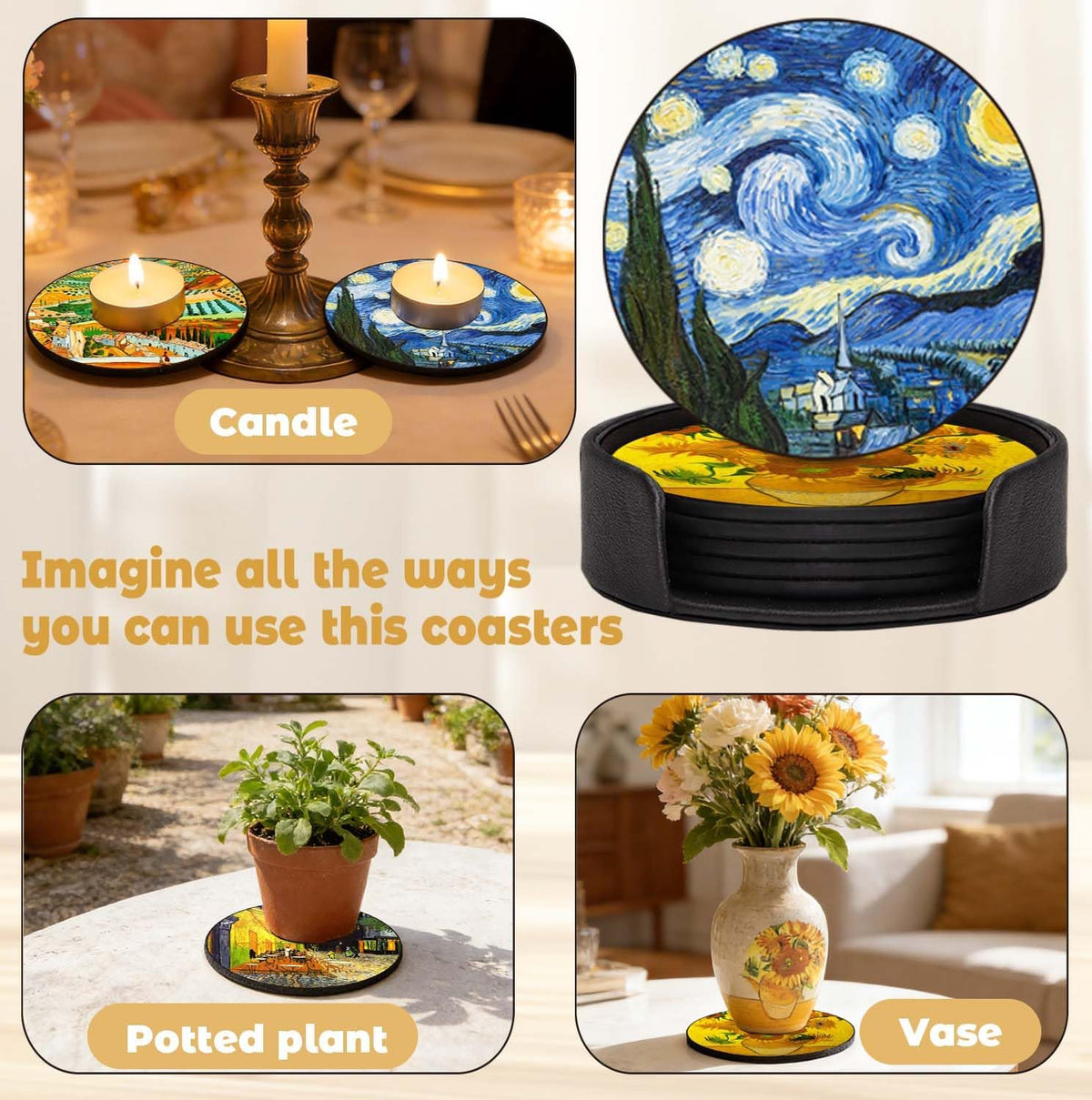 Coasters Set of 6 - Van Gogh Style PU Leather Coasters for Drinks with Holder - Handmade Round Drink Coasters Set for Home Decor and Housewarming Gift