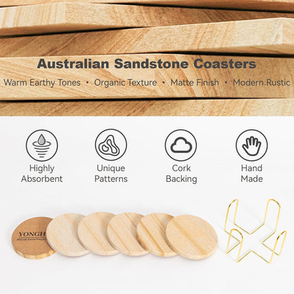 Absorbent Sandstone Drink Coasters Set of 6 with Holder, 4" Round