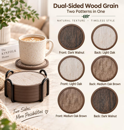 Absorbent Coasters for Drinks with Holder - 6packs, Silicone Coasters with Soft Felt Insert, Dual-Sided 3 Wood-Themed Patterns, Reusable Table Protection Mats for Coffee/Tea/Wine/Cans