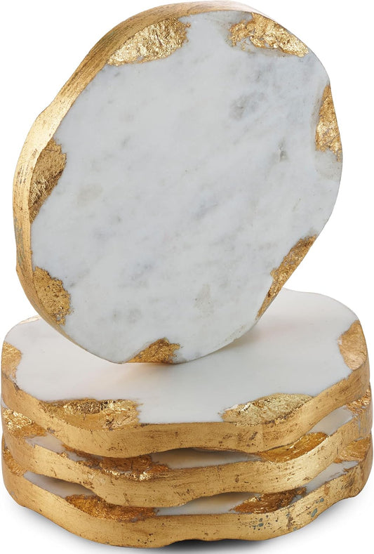 Godinger Marble Coasters Set of 4, Round Gold Edge Drink Coasters for Table