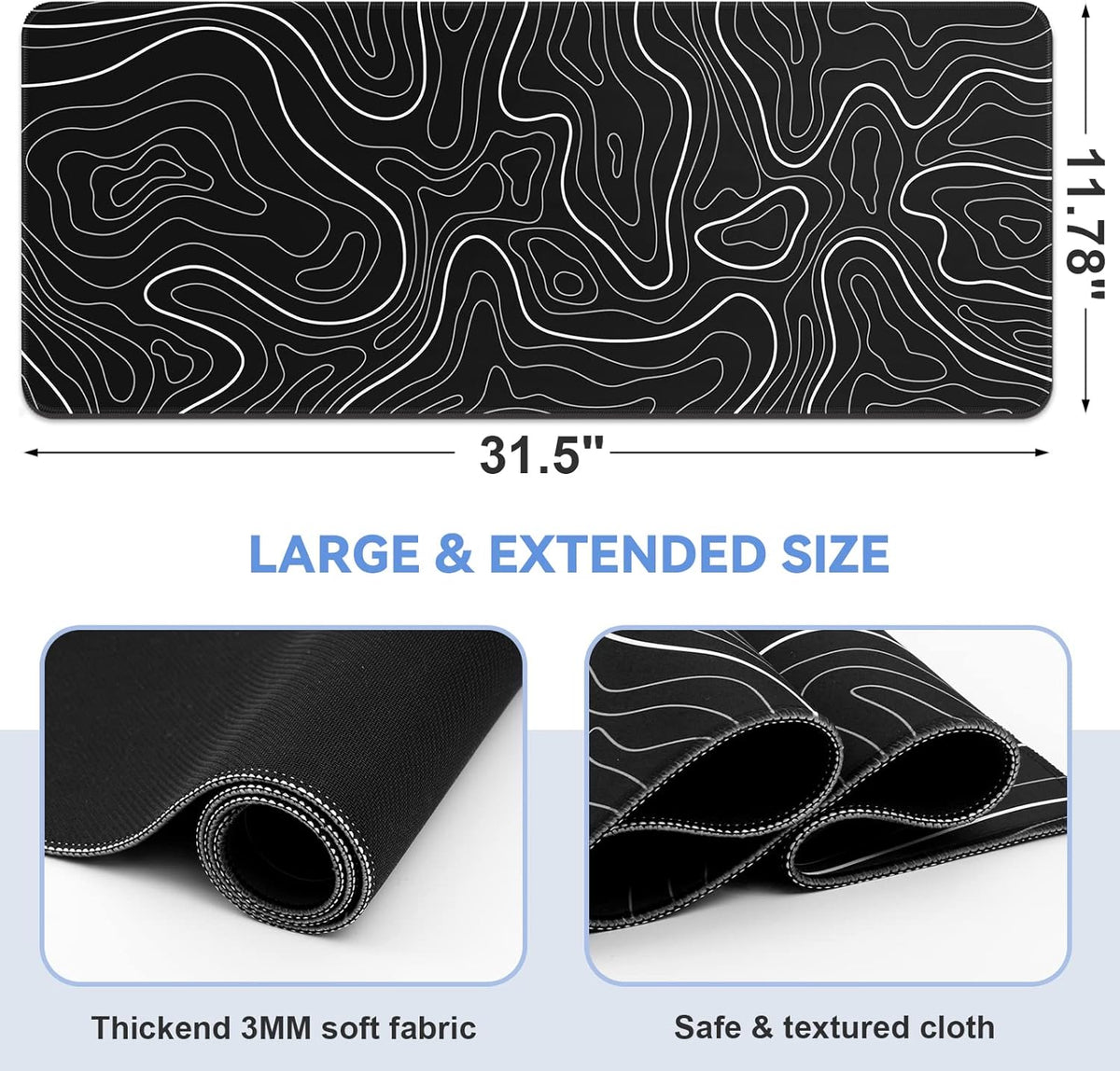 DIGSOM Gaming Mouse Pad, Black with White Topographic Line, 31.5x11.8in