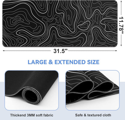 DIGSOM Gaming Mouse Pad, Black with White Topographic Line, 31.5x11.8in