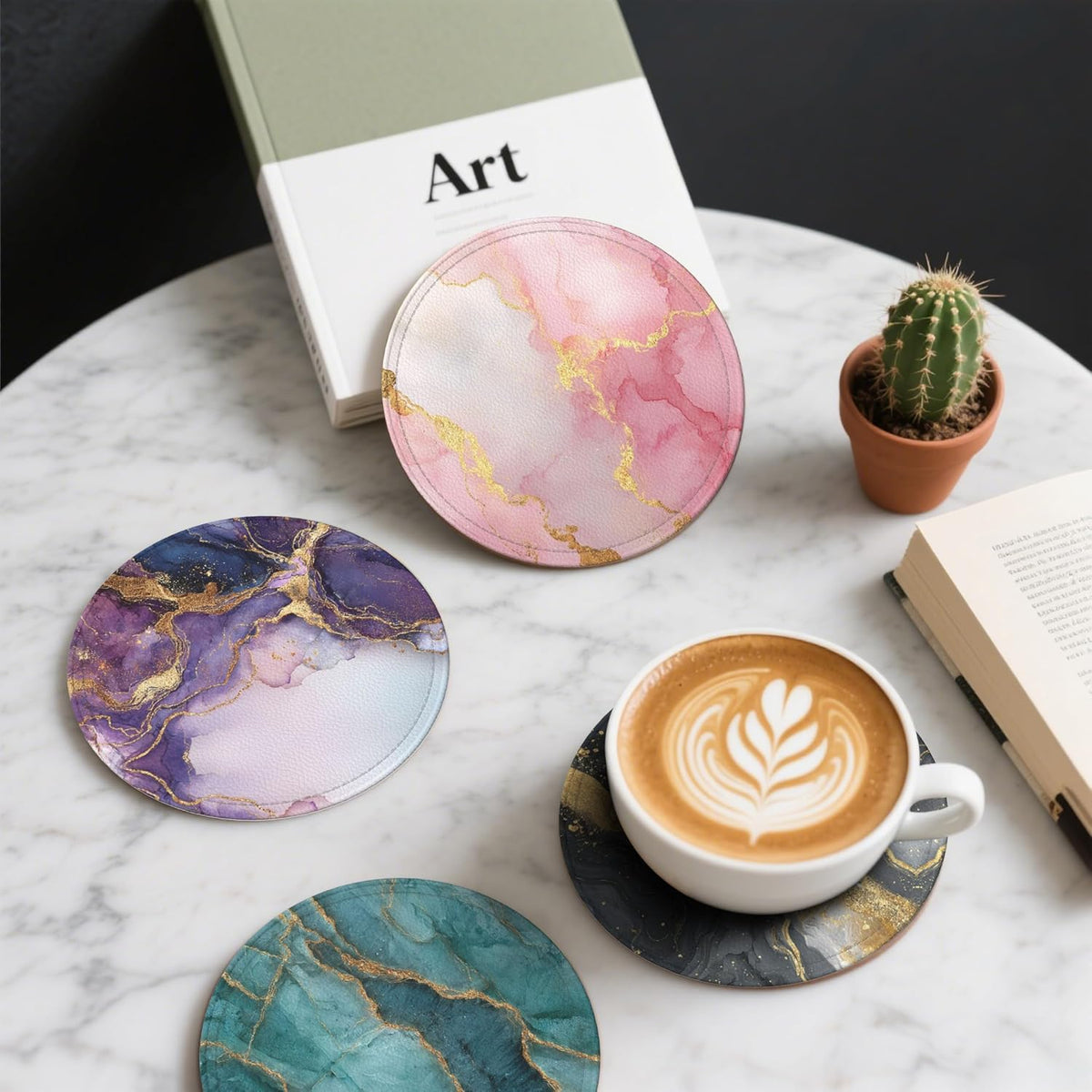 Marble Coasters Leather Round Drink Coasters 6 Pcs Set with Holderor for Cup Drink Coffee Table Bar Home Decor