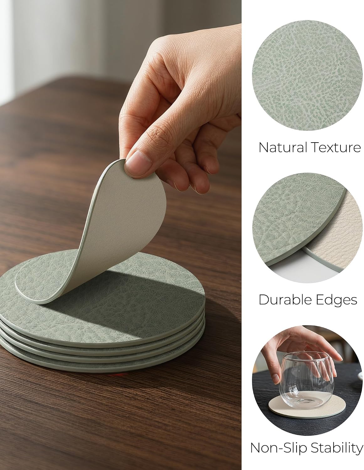 Reversible Leather Coasters Set of 18 with Holder, 4" Round Waterproof Heat-Resistant Non-Slip Cup Mats for Coffee Table, Bar, Dining Room