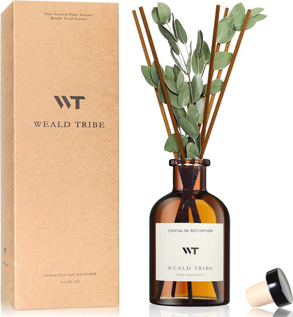 WEALD TRIBE Flower Reed Diffuser Set Eucalyptus & Lavender Scent for Room Bathroom Accessories Shelf Decor & Air Fresheners, Sticks Defusers with 4.0 fl oz Home Fragrance Oils, Office Gift