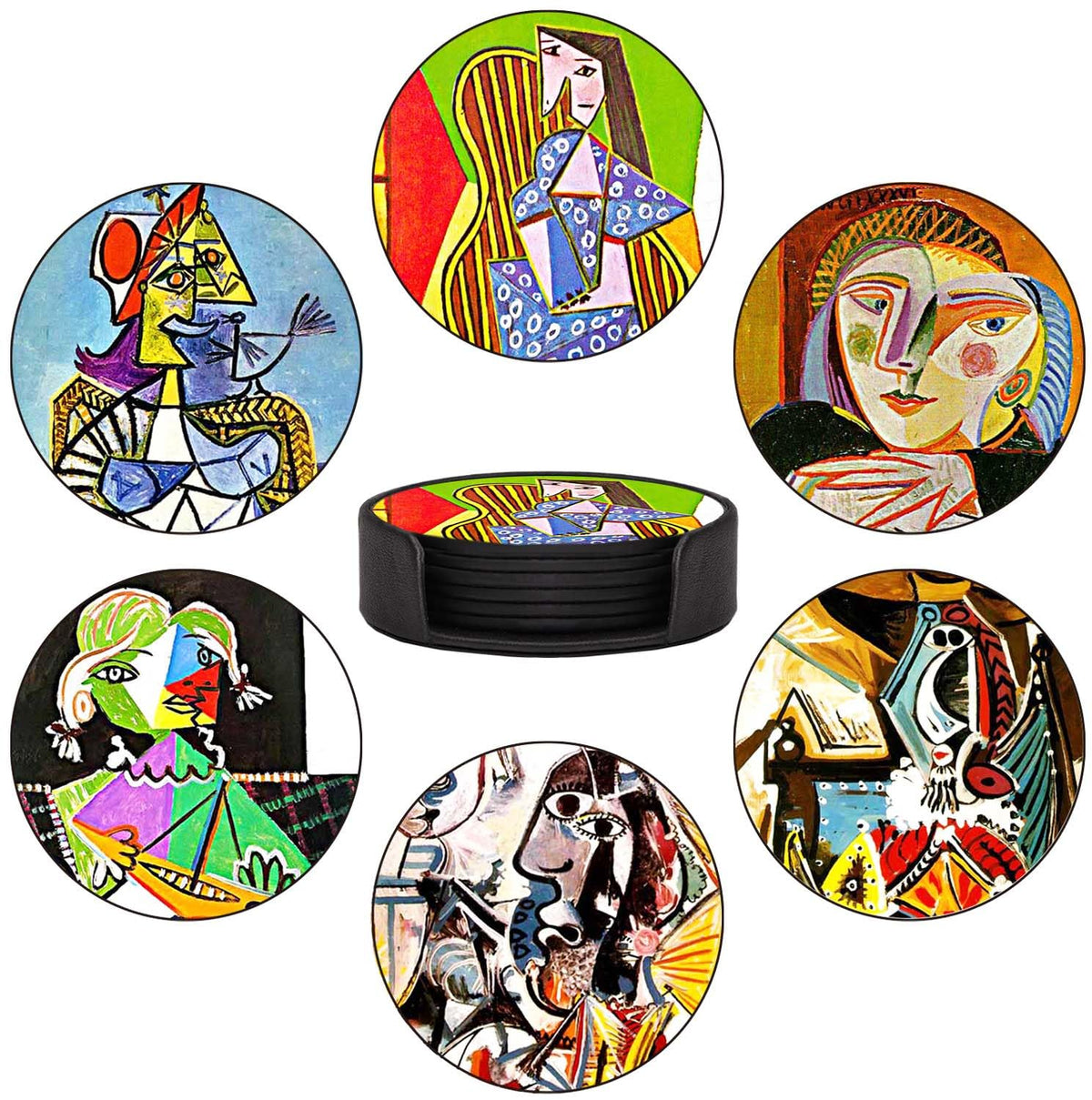 Coasters Set of 6 - Van Gogh Style PU Leather Coasters for Drinks with Holder - Handmade Round Drink Coasters Set for Home Decor and Housewarming Gift